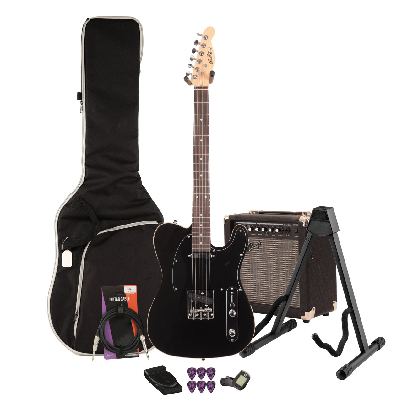 EastCoast T62 Electric Guitar Starter Pack in Black with 15W Amp & Accessories