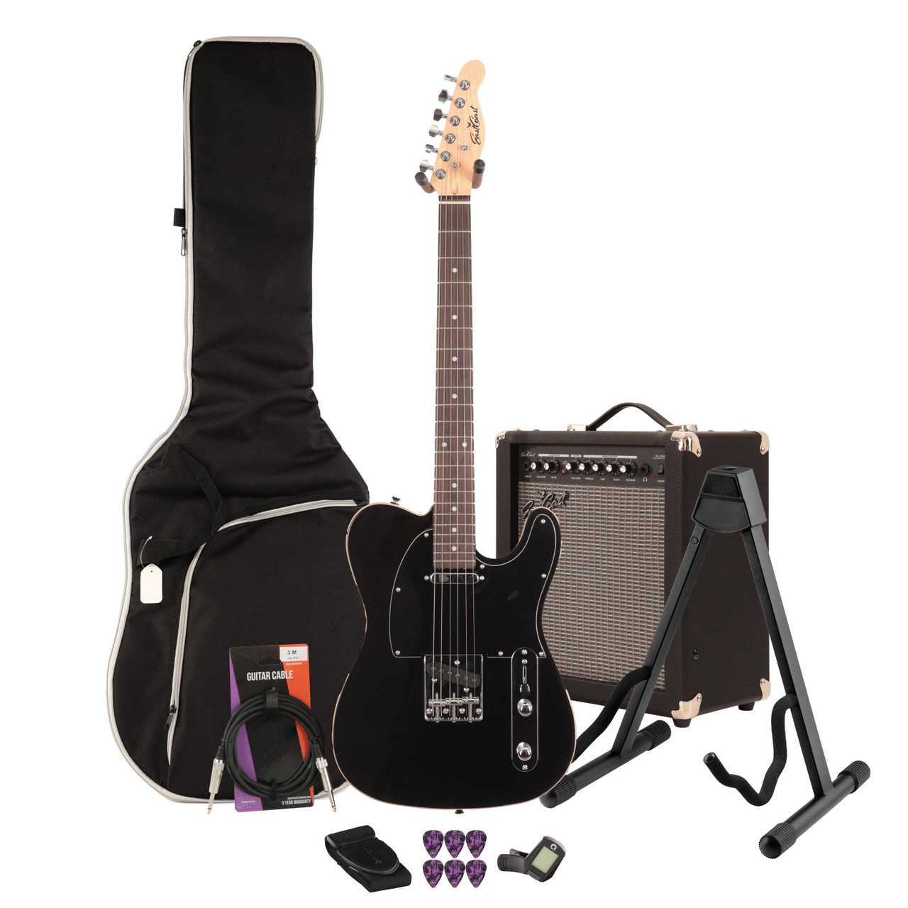 EastCoast T62 Electric Guitar Starter Pack in Black with 35W Amp & Accessories