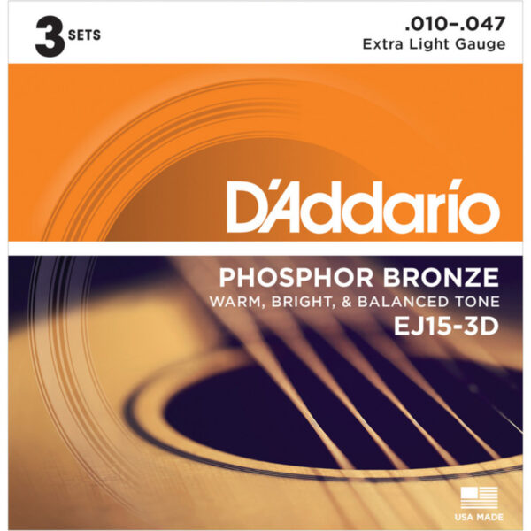 DAddario EJ15-3D Phosphor Bronze Extra Light 10-47 x 3 Pack - Image 1