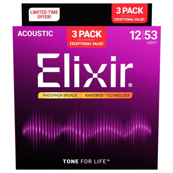 Elixir Phosphor Bronze Nanoweb 12-53 3 Pack - Image 1