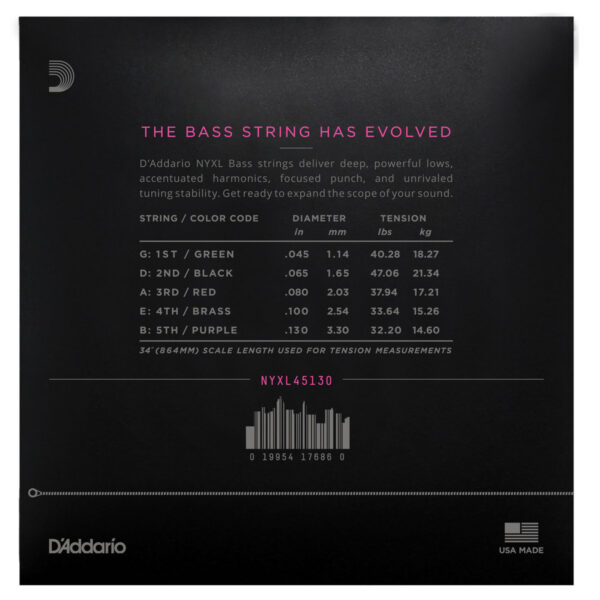 Daddario NYXL45130 Bass Gtr 5 String Set Light Long Scale 45-130 - Image 2