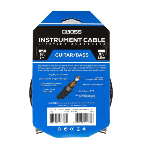 Boss 3ft / 1m Instrument Cable Angled/Angled 1/4" Jack - Image 3