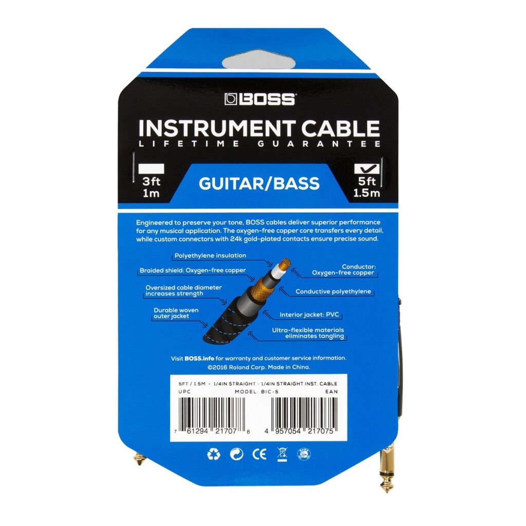 Boss 5ft / 1.5m Instrument Cable Straight/Straight 1/4" Jack