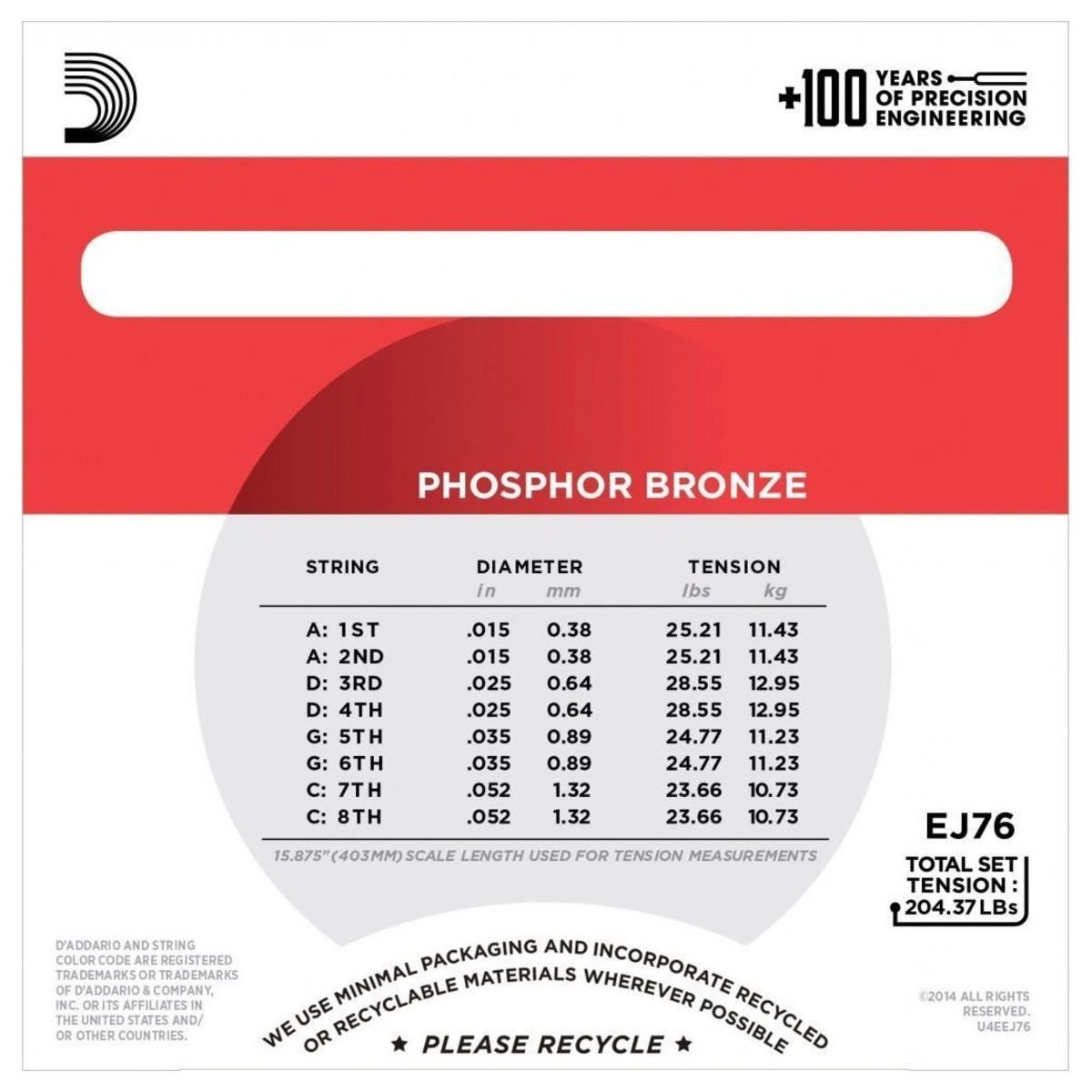 Daddario EJ76 Phosphor Bronze Mandola Strings Medium 15-52 - Image 3