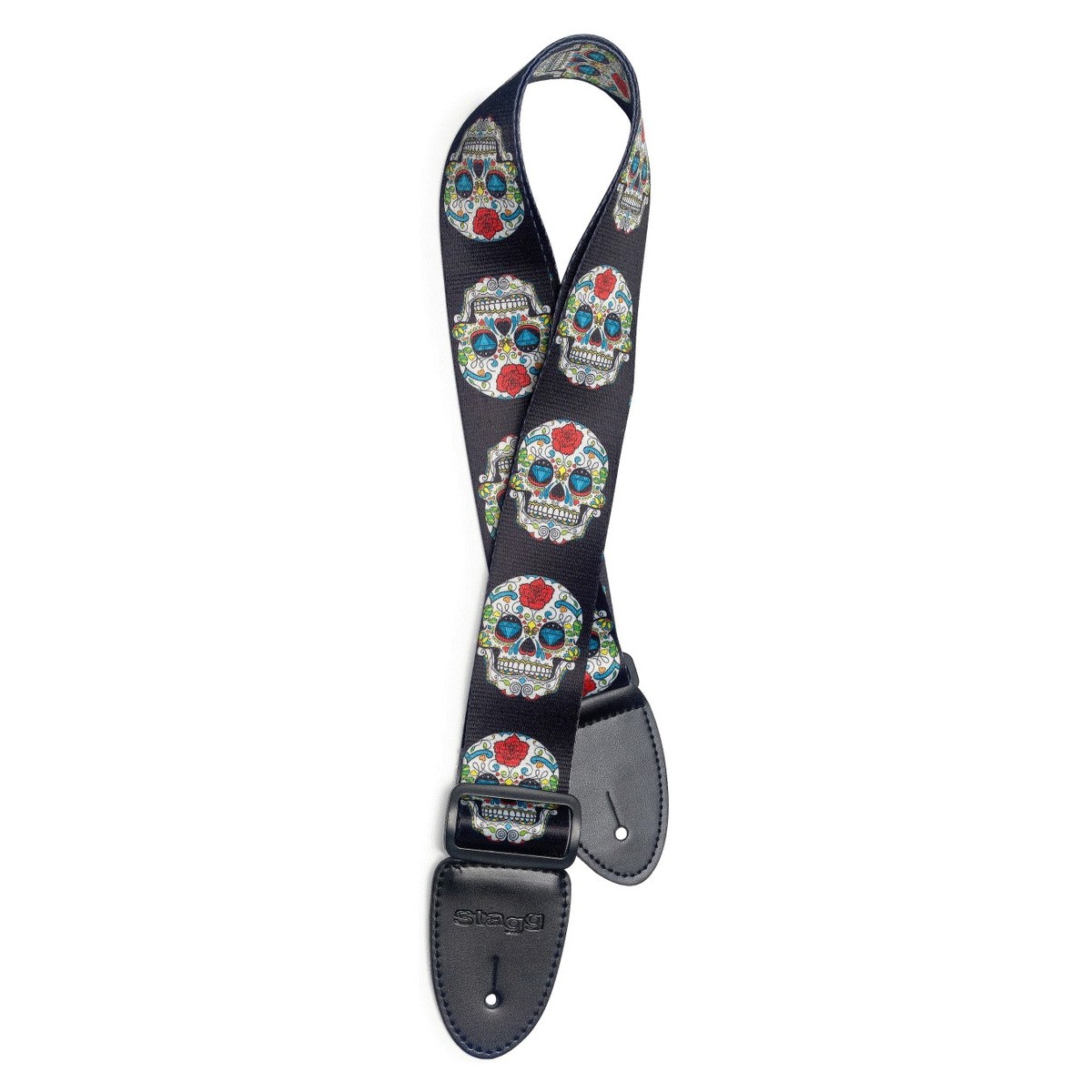 Stagg Terylene Guitar Strap Red Rose Mexican Skull - Image 1