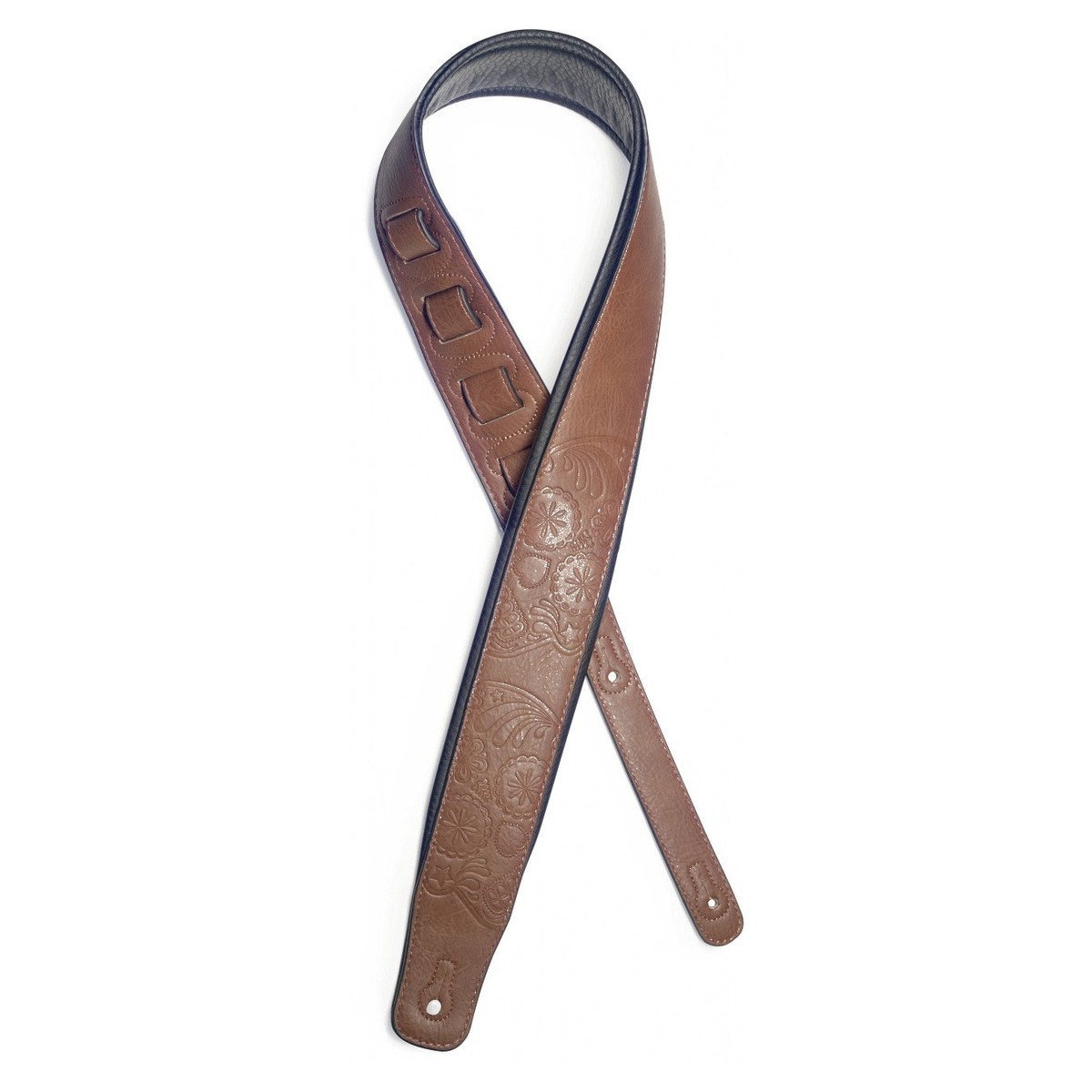 Stagg Padded Leather Adjustable Guitar Strap Brown Mexican Skull - Image 1