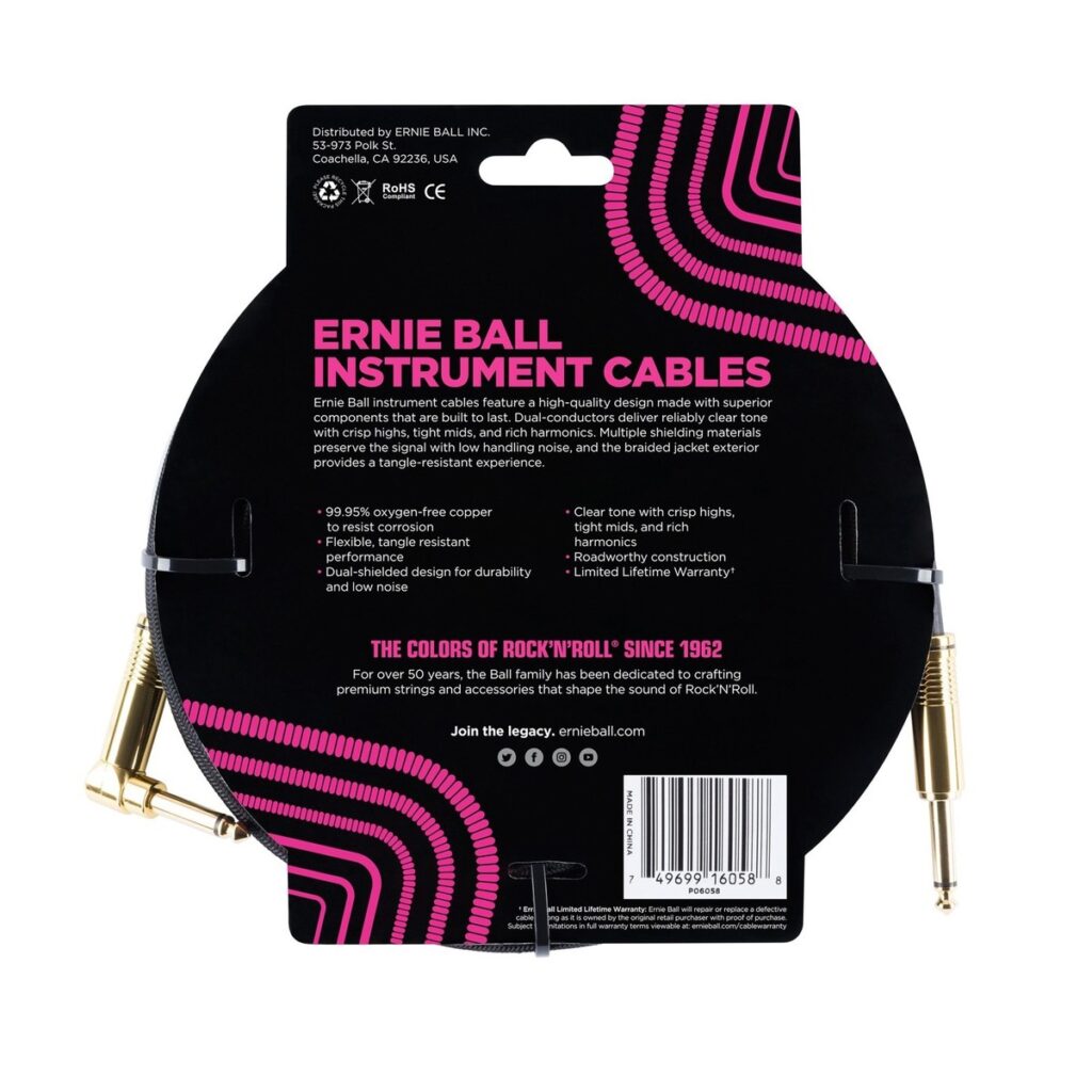 Ernie Ball 6058 25ft Straight-Angle Braided Instrument Cable Black