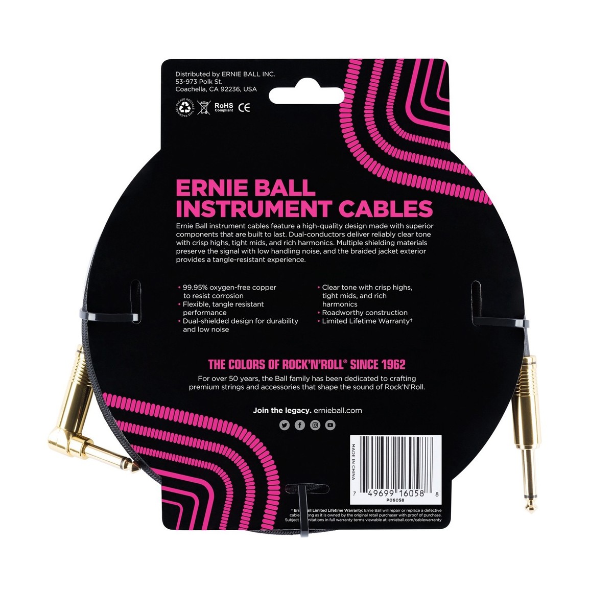 Ernie Ball 6058 25ft Straight-Angle Braided Instrument Cable Black - Image 2