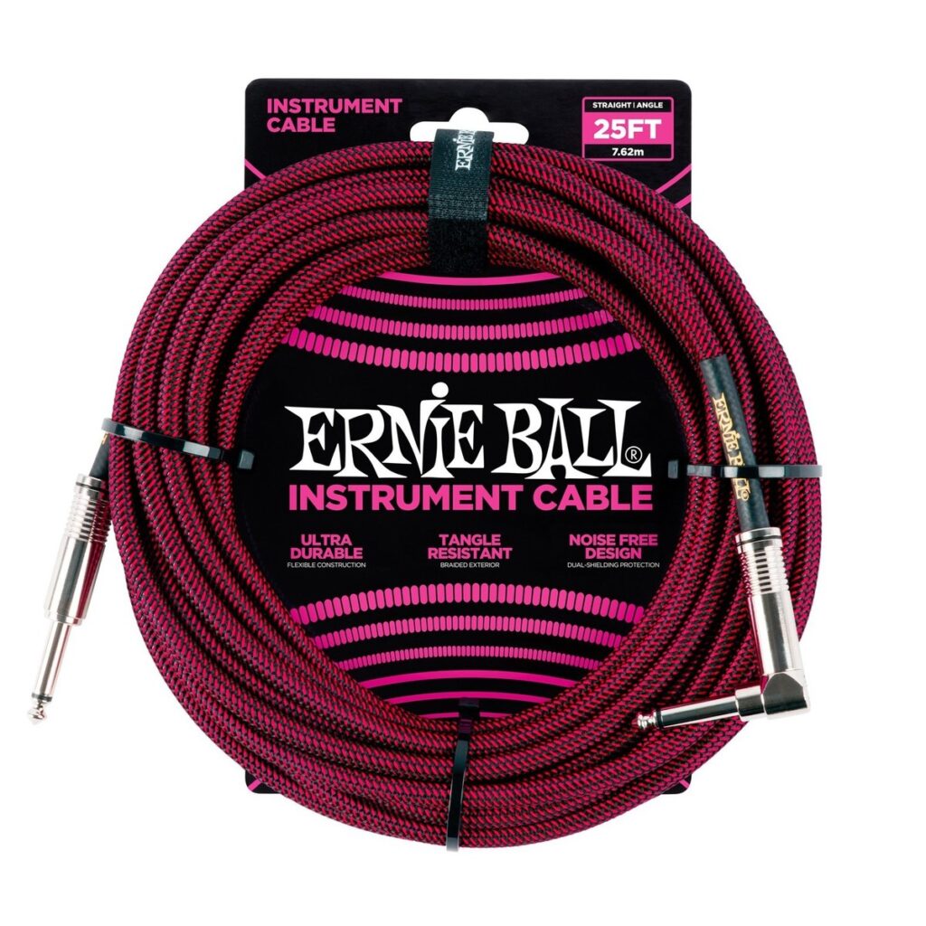Ernie Ball P06062 25ft Straight-Angle Braided Instrument Cable Red