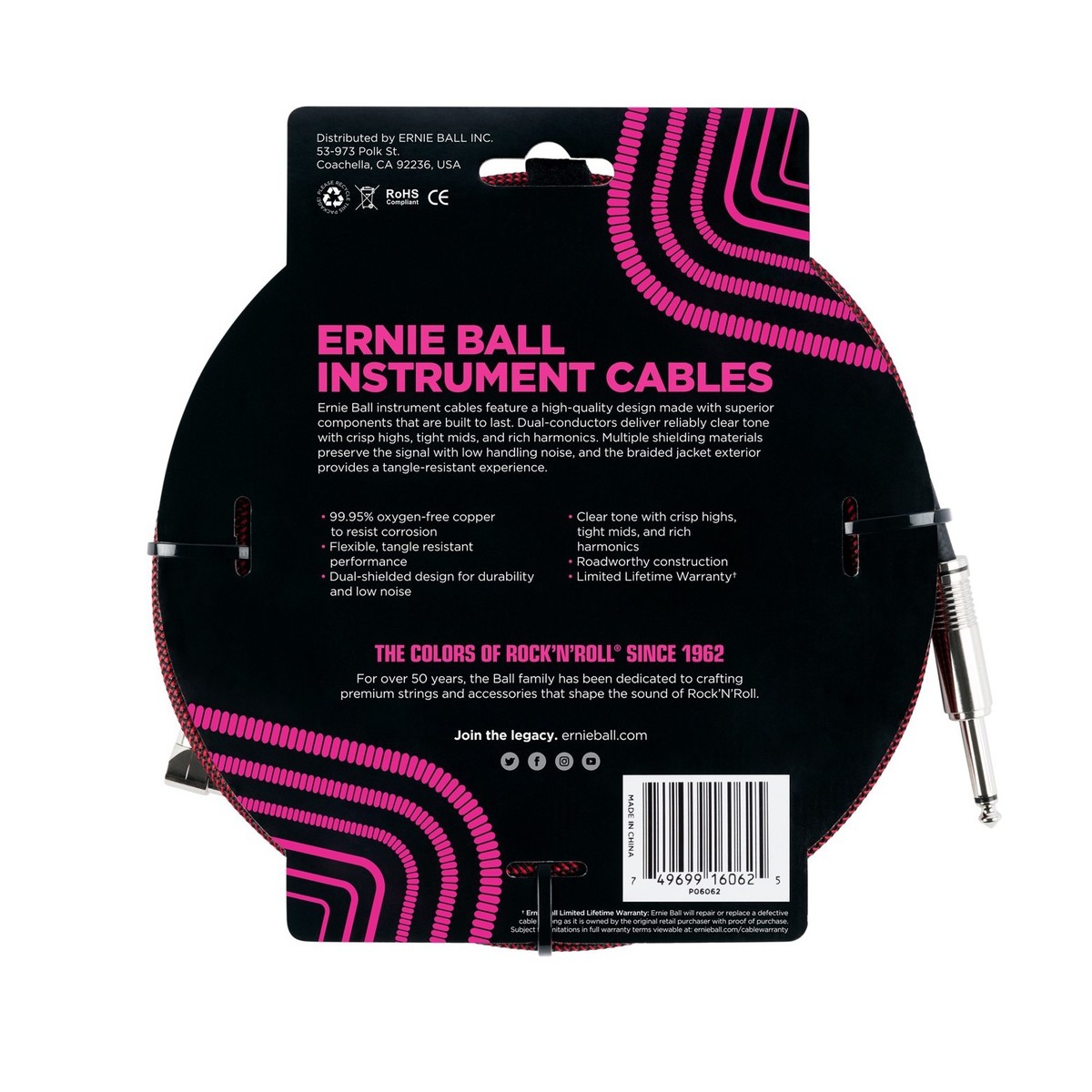 Ernie Ball P06062 25ft Straight-Angle Braided Instrument Cable Red - Image 2