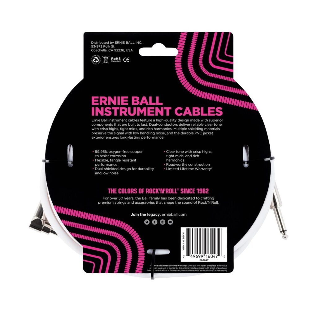 Ernie Ball P06047 20ft Straight-Angle Instrument Cable White