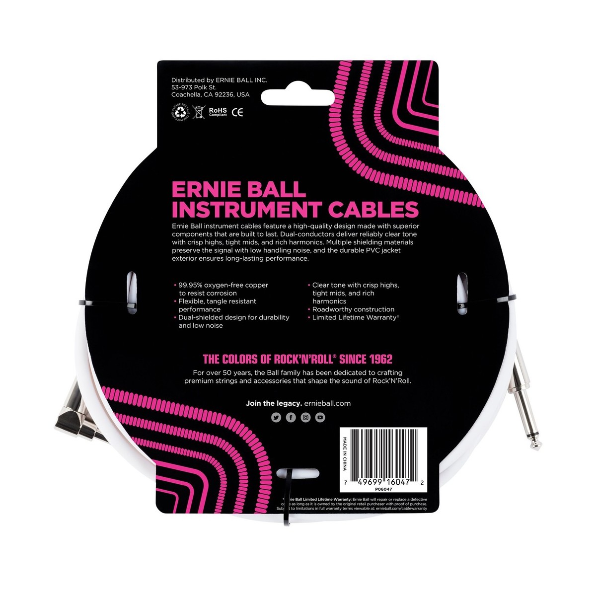 Ernie Ball P06047 20ft Straight-Angle Instrument Cable White - Image 2