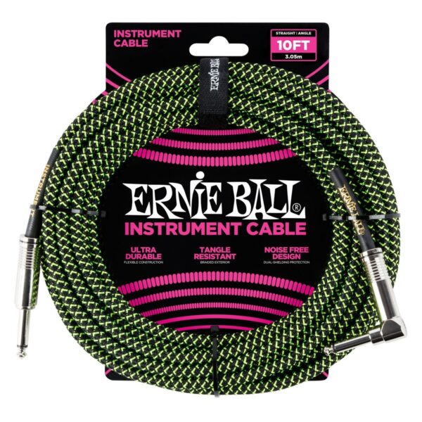 Ernie Ball 6077 10ft Straight-Angle Instrument Cable Black/Green - Image 1