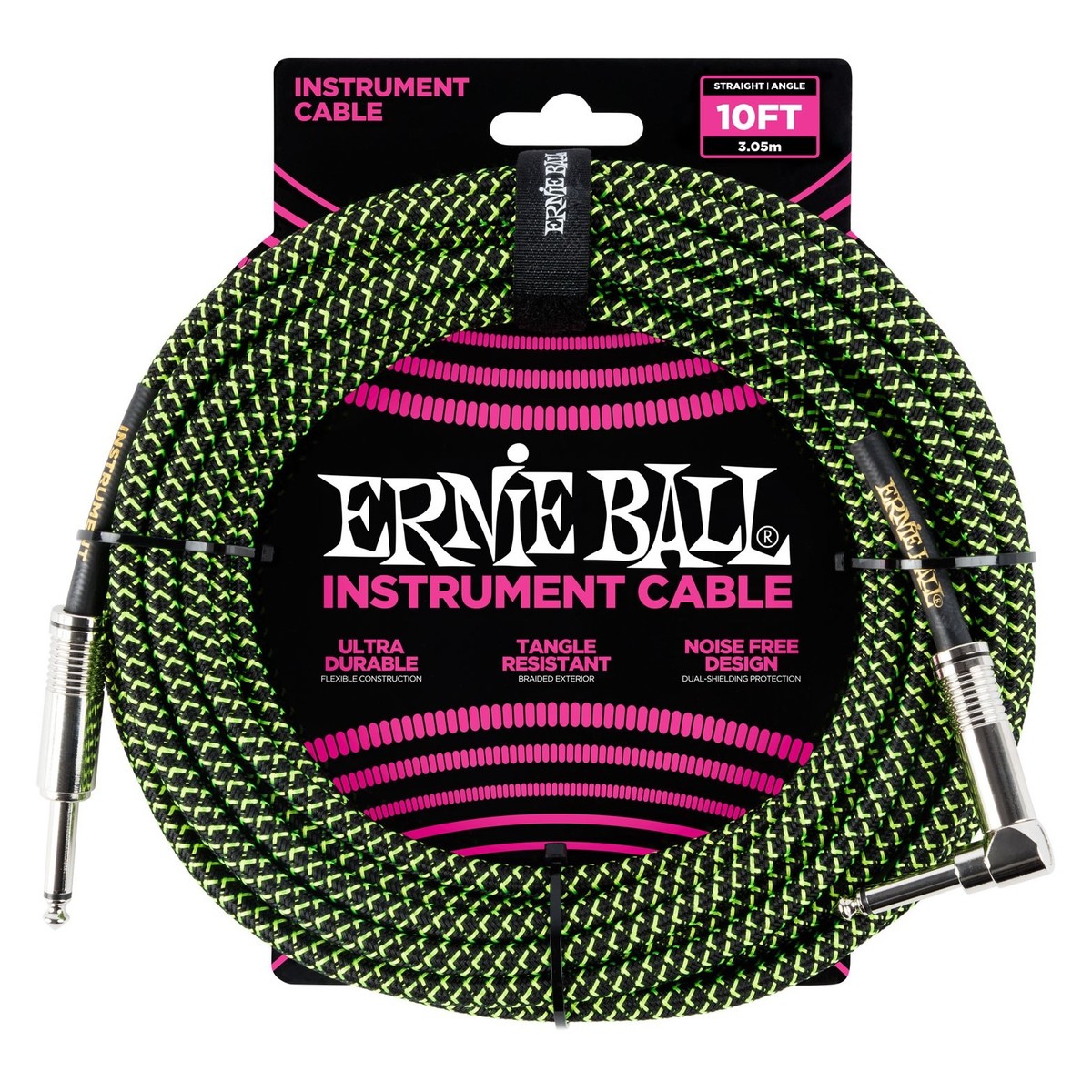 Ernie Ball 6077 10ft Straight-Angle Instrument Cable Black/Green - Image 1