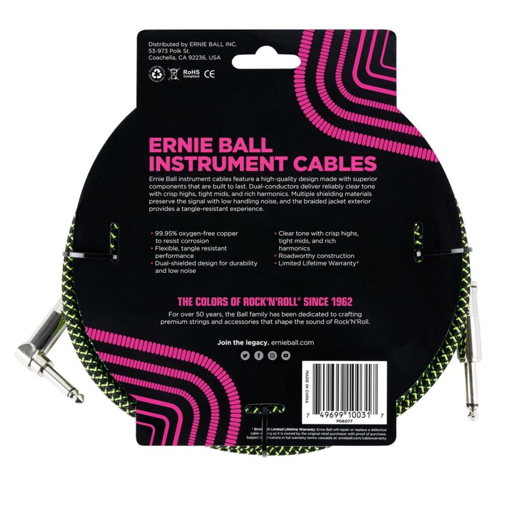 Ernie Ball 6077 10ft Straight-Angle Instrument Cable Black/Green