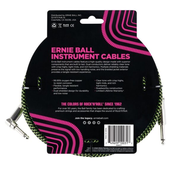 Ernie Ball 6077 10ft Straight-Angle Instrument Cable Black/Green - Image 2