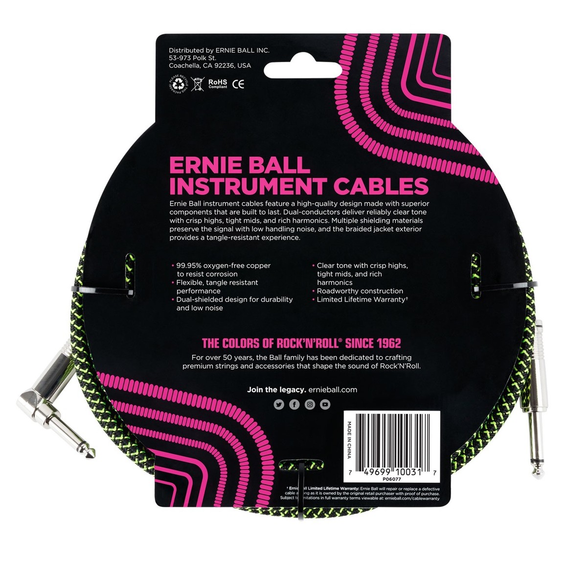 Ernie Ball 6077 10ft Straight-Angle Instrument Cable Black/Green - Image 2