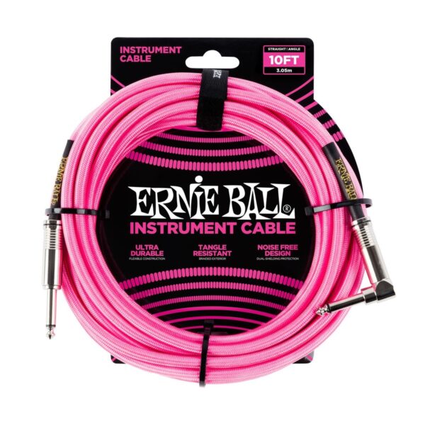 Ernie Ball P06078 10ft Straight-Angle Braided Cable Neon Pink - Image 1