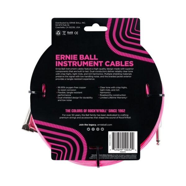 Ernie Ball P06078 10ft Straight-Angle Braided Cable Neon Pink - Image 2