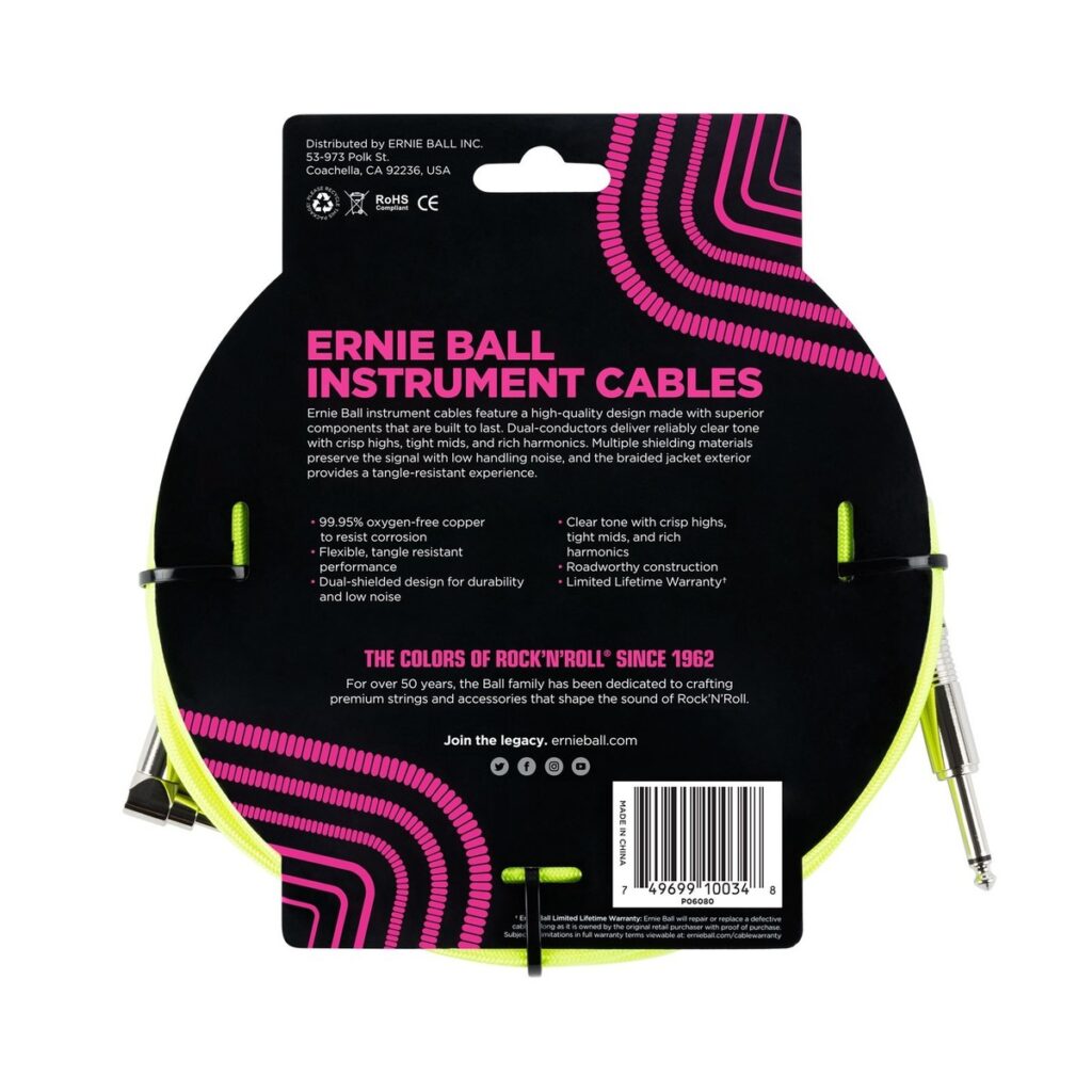 Ernie Ball P06080 10ft Straight-Angle Braided Cable Yellow
