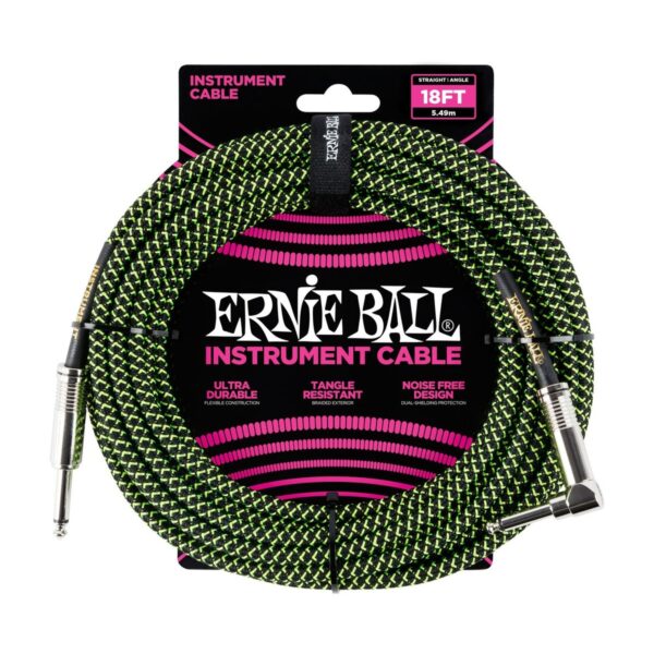 Ernie Ball P06082 18ft Straight-Angle Braided Cable Black/Green - Image 1