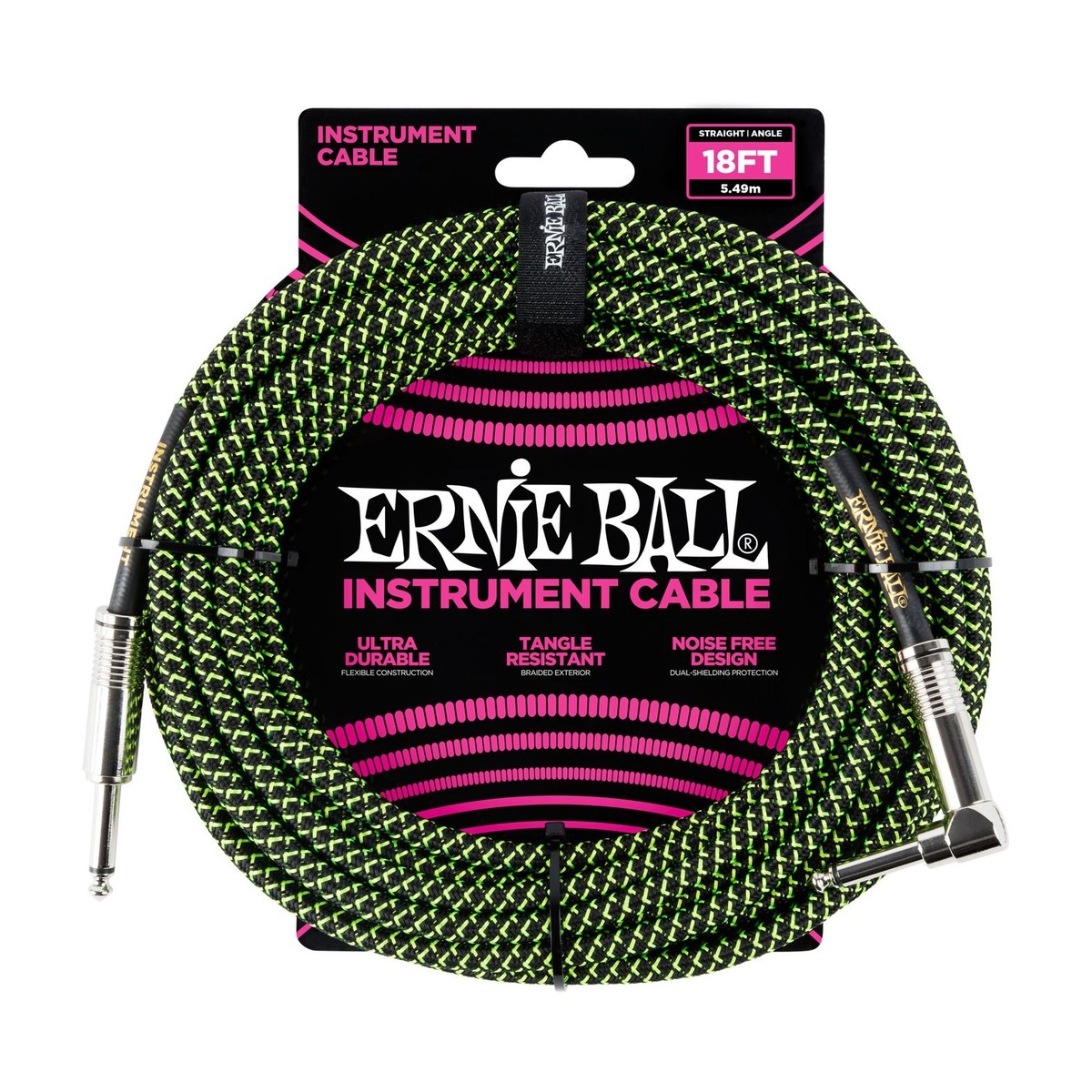 Ernie Ball P06082 18ft Straight-Angle Braided Cable Black/Green - Image 1