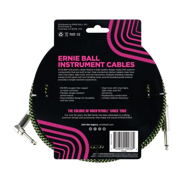 Ernie Ball P06082 18ft Straight-Angle Braided Cable Black/Green - Image 2