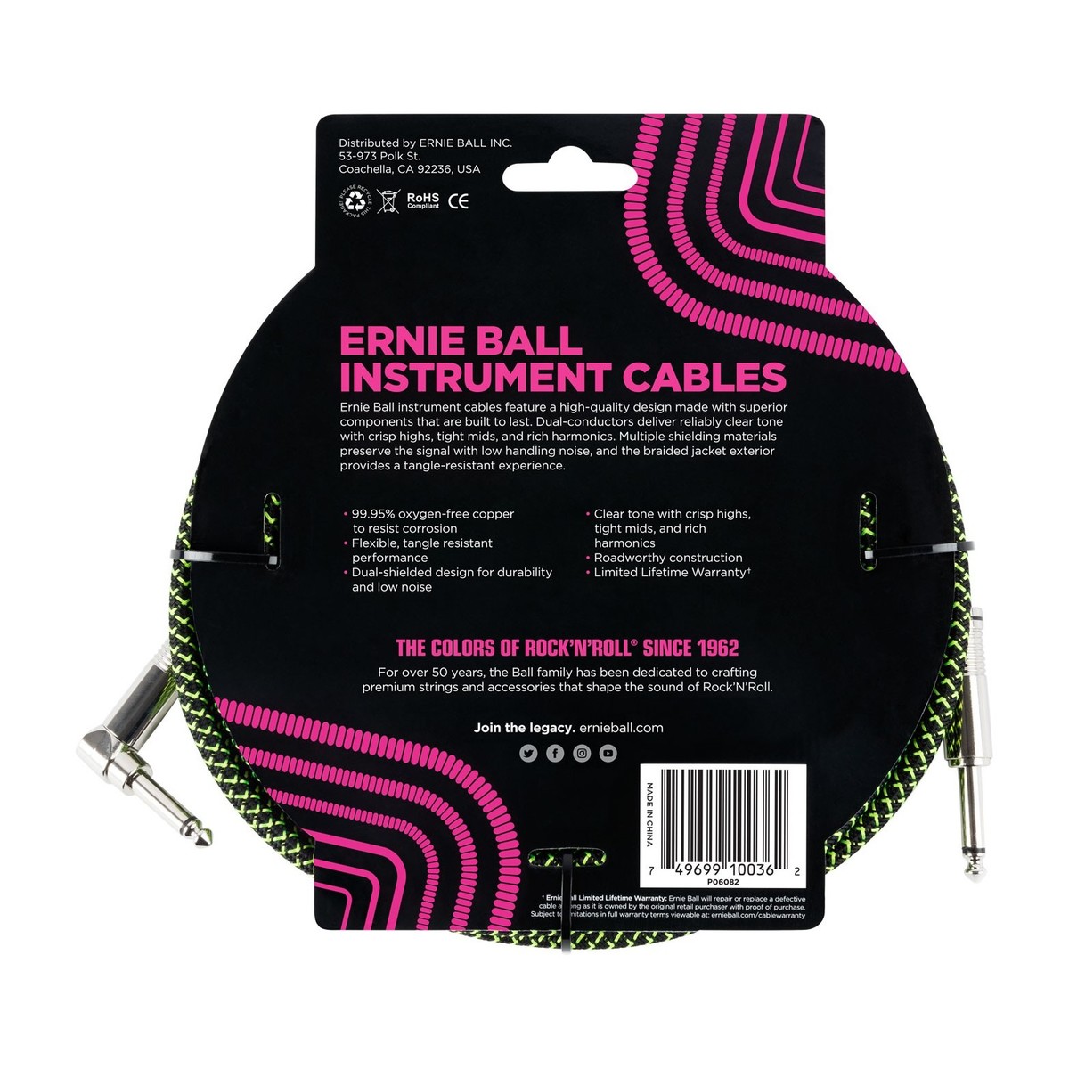 Ernie Ball P06082 18ft Straight-Angle Braided Cable Black/Green - Image 2