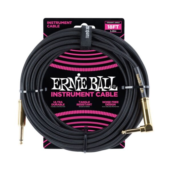 Ernie Ball 18ft Straight-Angle Braided Instrument Cable Black/Gold - Image 1