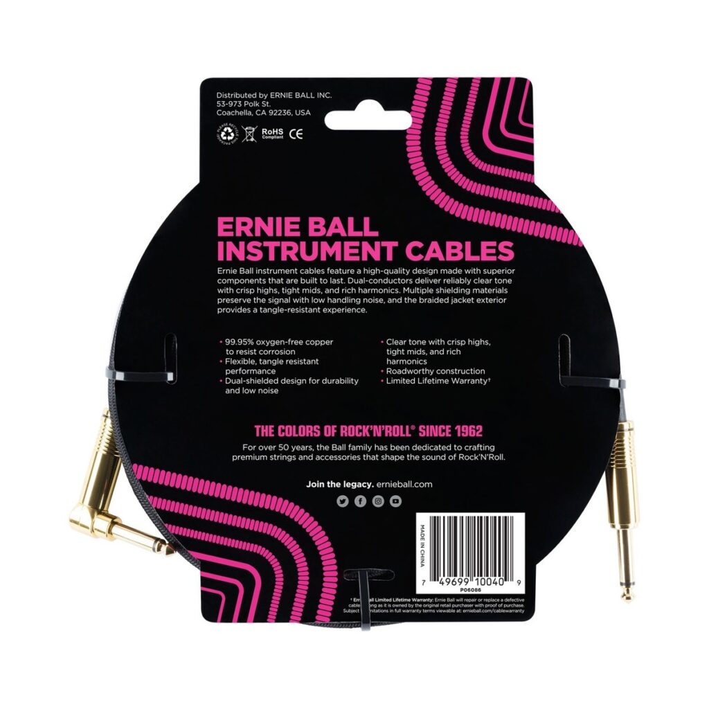 Ernie Ball 18ft Straight-Angle Braided Instrument Cable Black/Gold