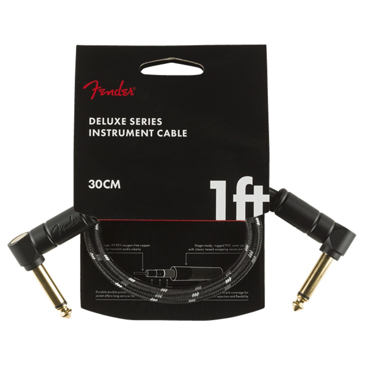Fender Deluxe 30cm/1ft Angle Instrument Cable Black Tweed - Image 1