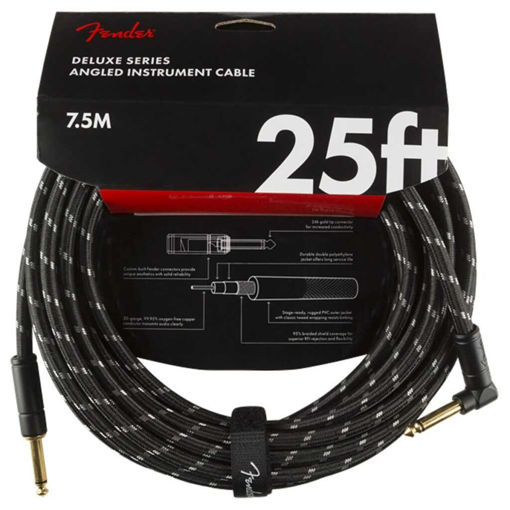 Fender Deluxe 25ft Straight/Angle Instrument Cable Black Tweed