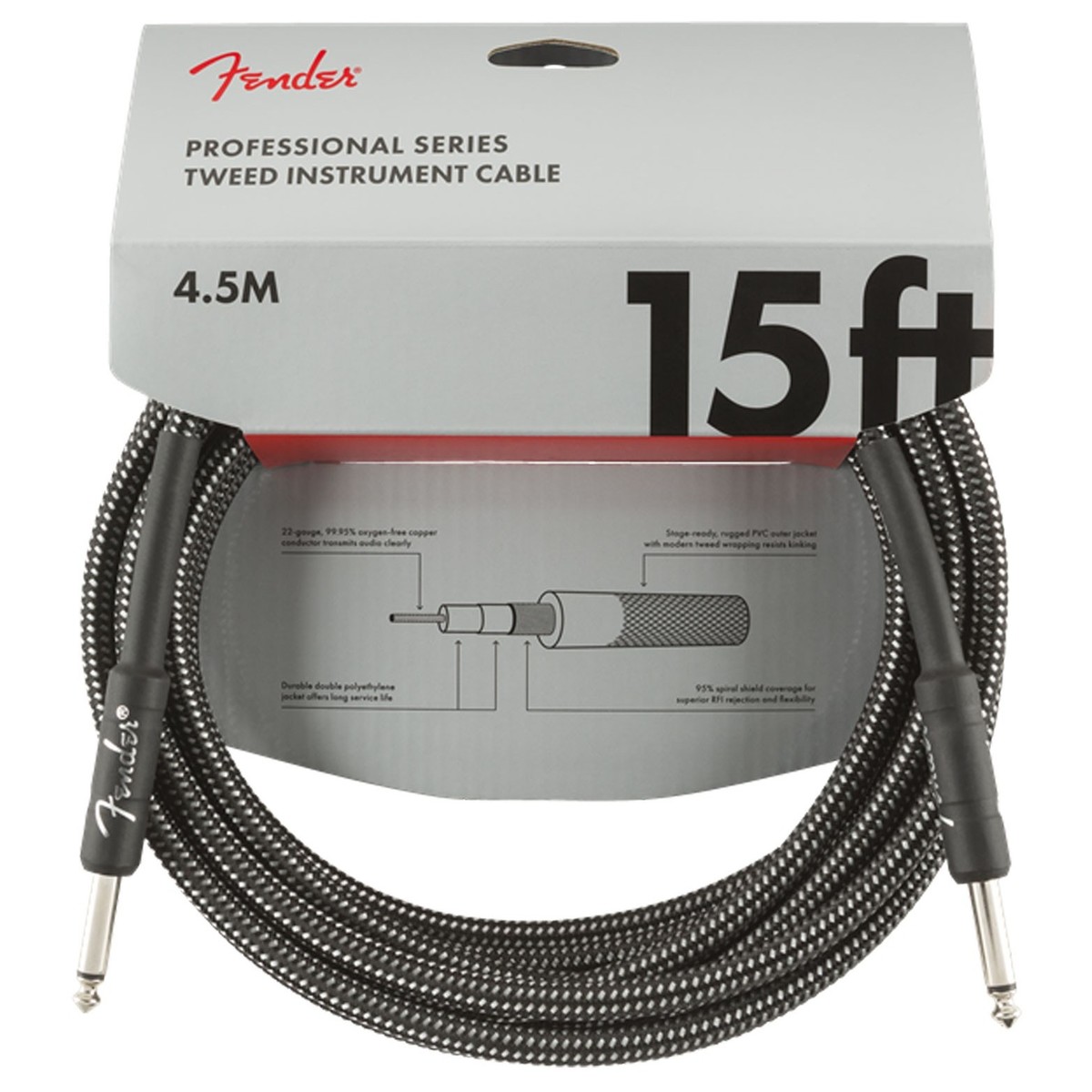 Fender Professional 15ft Straight Instrument Cable Gray Tweed - Image 1