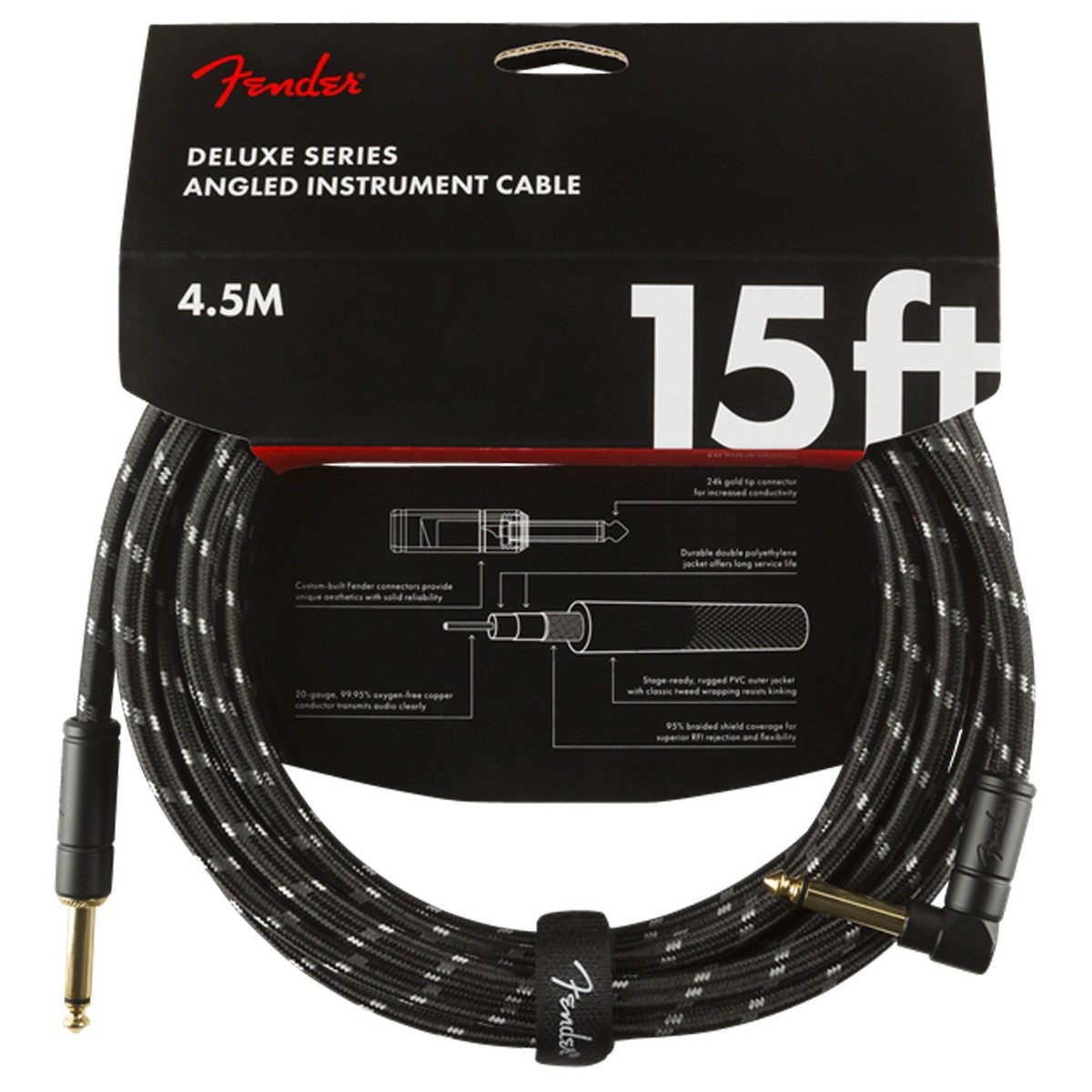 Fender Deluxe 15ft Straight/Angle Instrument Cable Black Tweed - Image 1