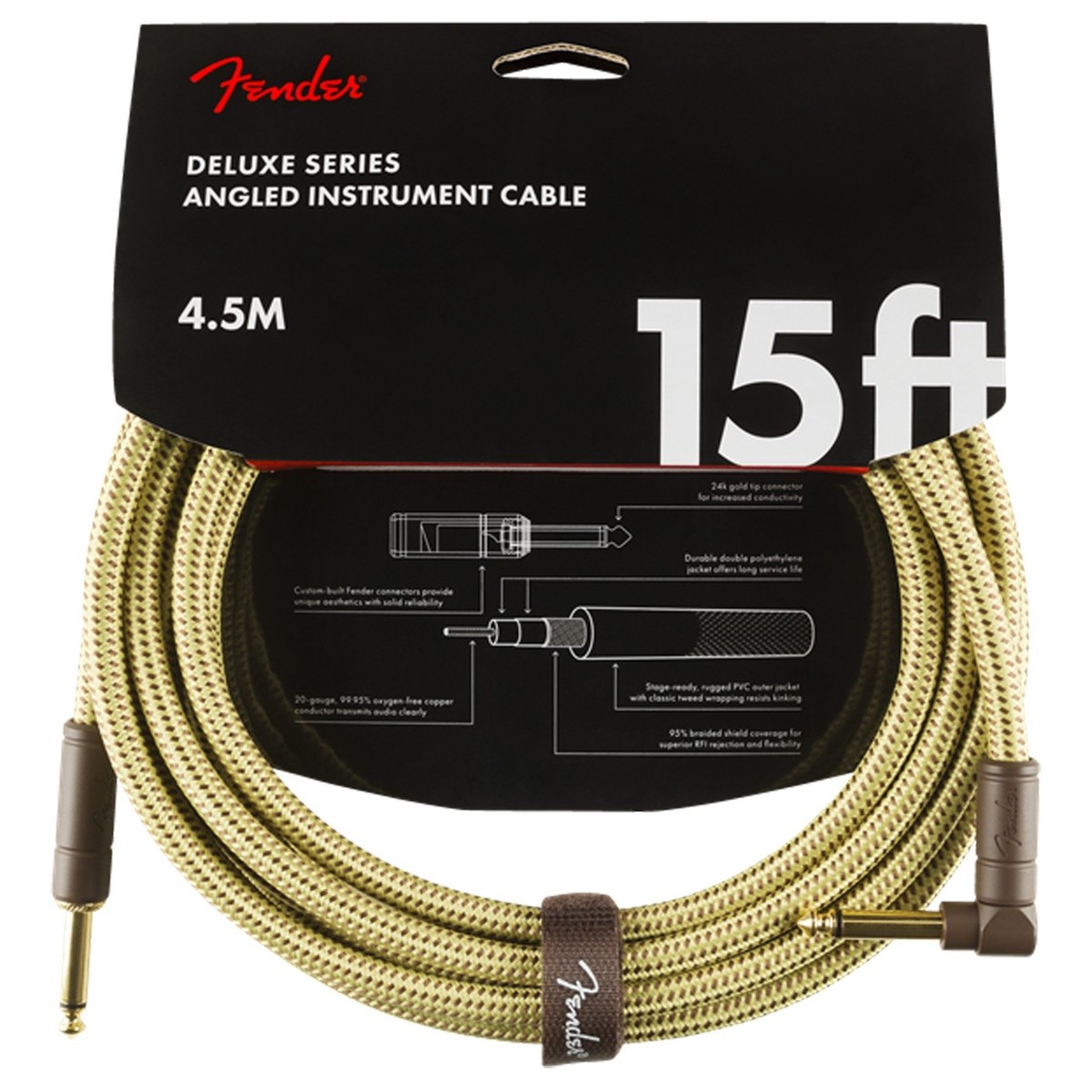 Fender Deluxe 15ft Straight/Angle Instrument Cable Tweed - Image 1