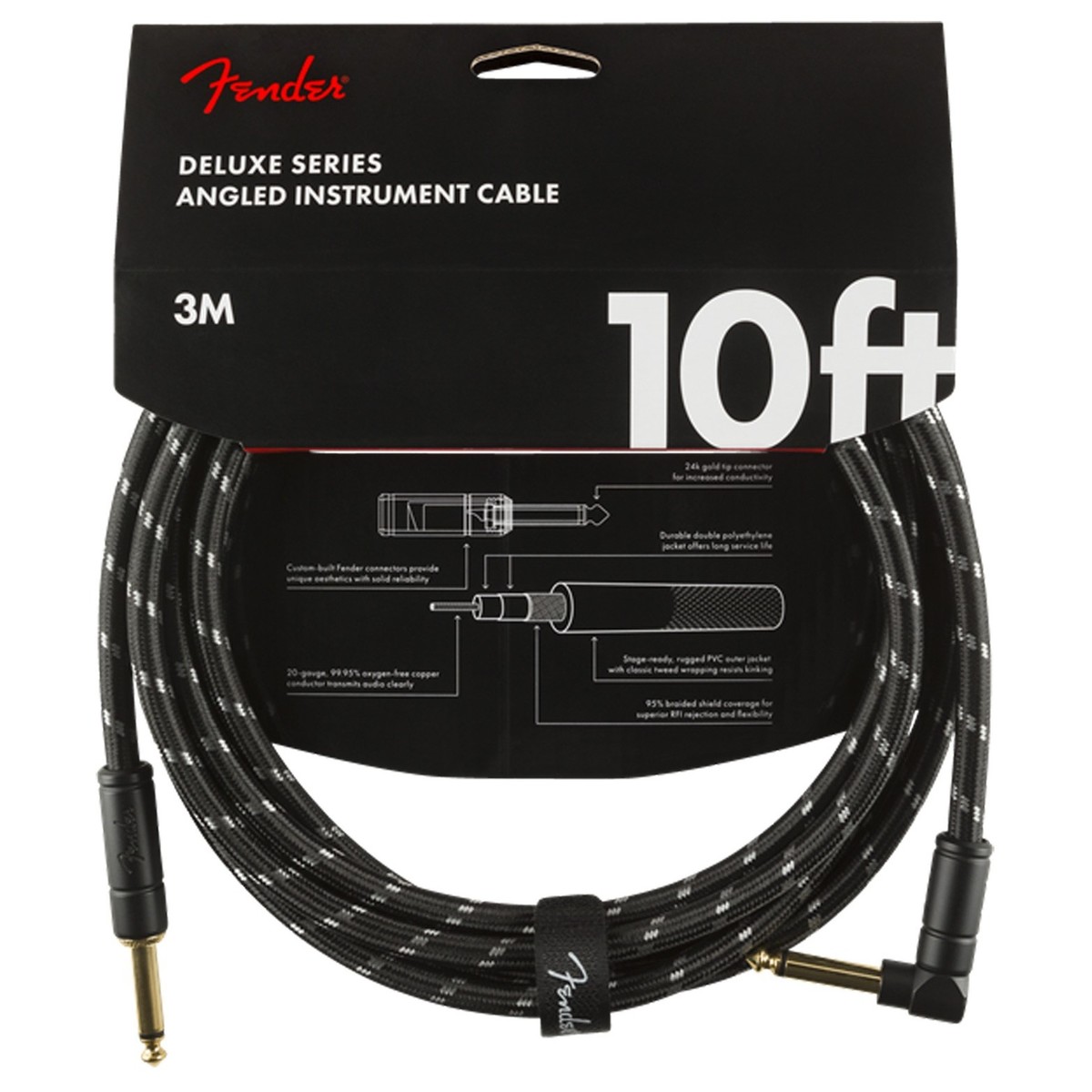 Fender Deluxe 10ft Straight/Angle Instrument Cable Black Tweed - Image 1