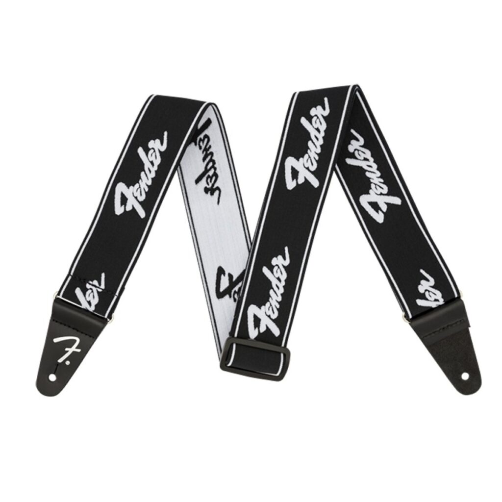 Fender WeighLess 2" Running Logo Guitar Strap Black/White