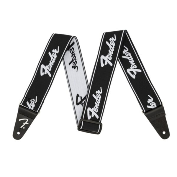 Fender WeighLess 2" Running Logo Guitar Strap Black/White - Image 1