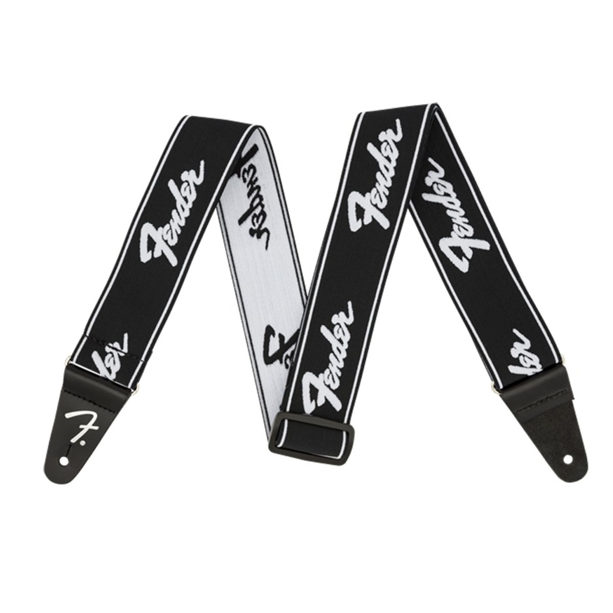 Fender WeighLess 2" Running Logo Guitar Strap Black/White - Image 1