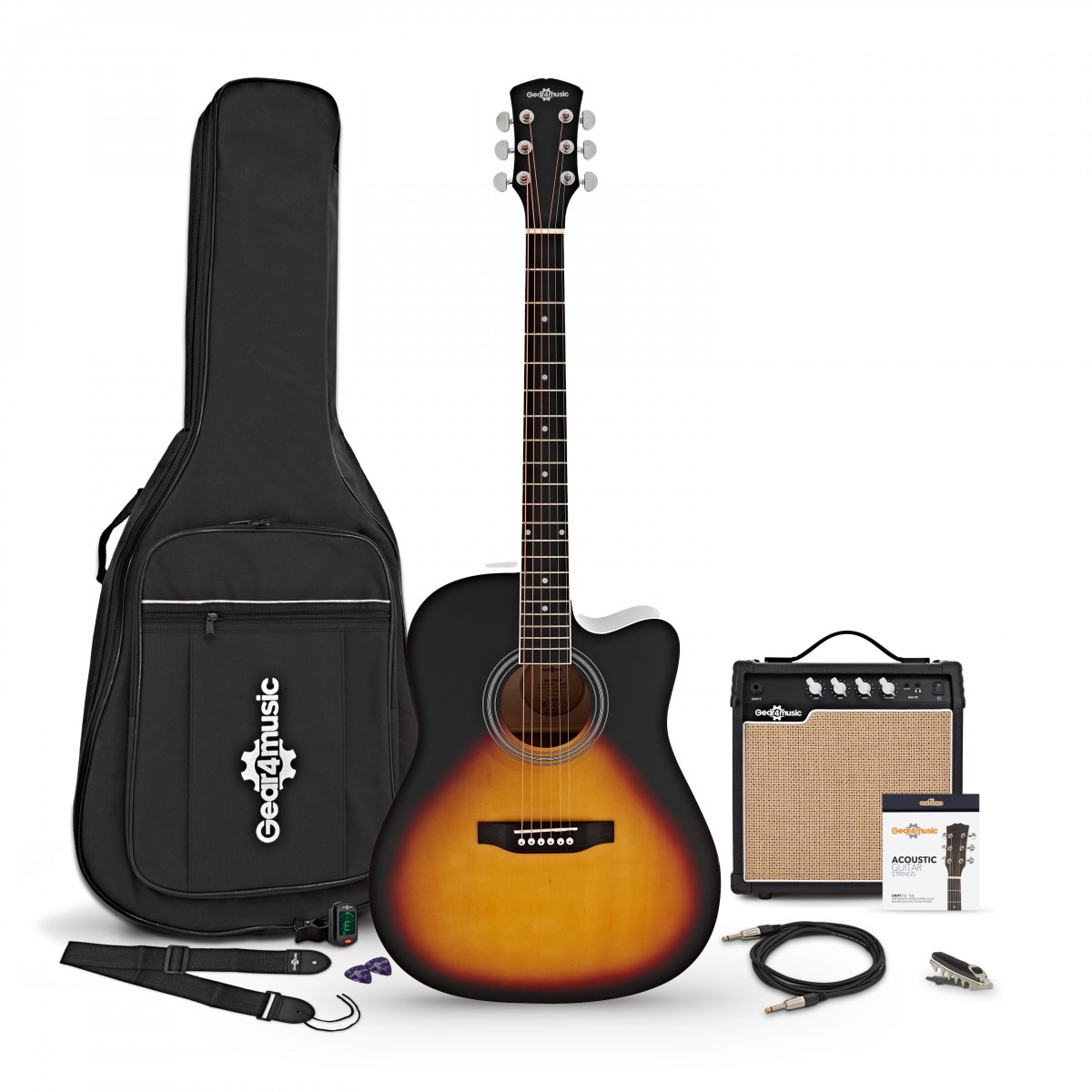 Dreadnought Cutaway Electro Acoustic Guitar Sunburst 15W Acoustic Amp & Accessory Pack