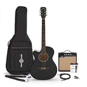 Single Cutaway Left Handed Electro Acoustic Guitar Black 15W Acoustic Amp & Accessory Pack