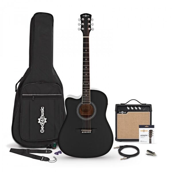 Dreadnought Cutaway Left Handed Electro Acoustic Guitar Black 15W Acoustic Amp & Accessory Pack