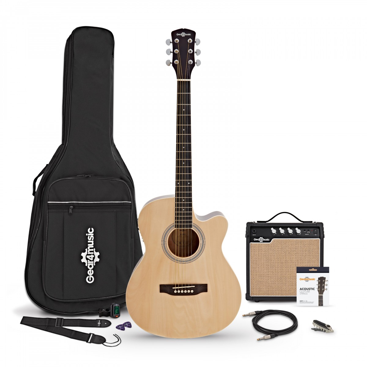 Single Cutaway Electro Acoustic Guitar Natural 15W Acoustic Amp & Accessory Pack