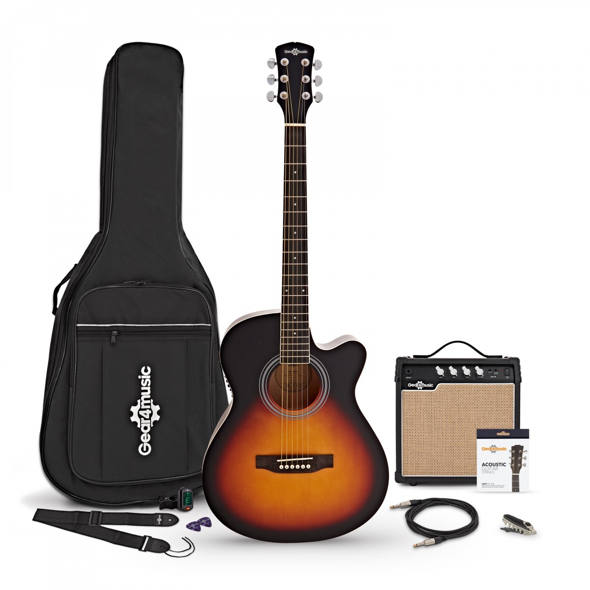 Single Cutaway Electro Acoustic Guitar Sunburst 15W Acoustic Amp & Accessory Pack