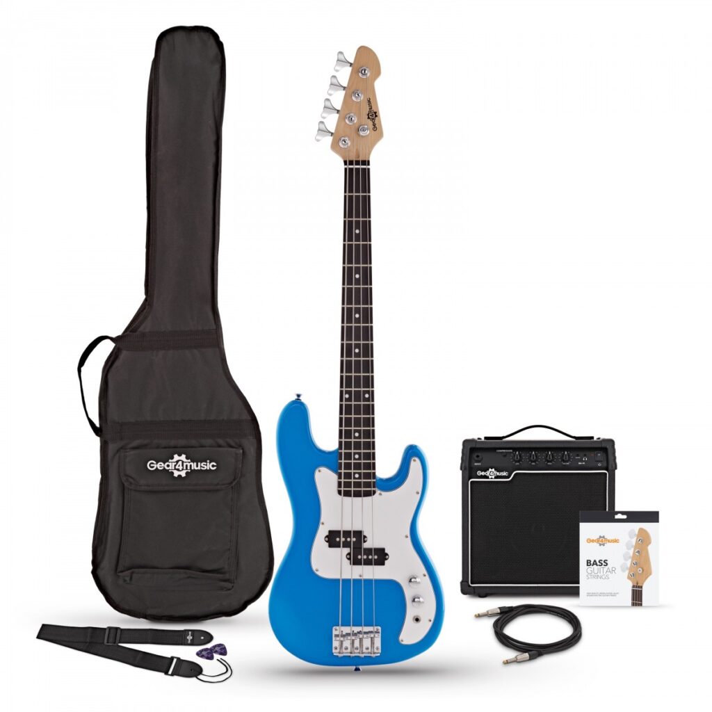 3/4 LA Bass Guitar Blue 15W Bass Amp Pack