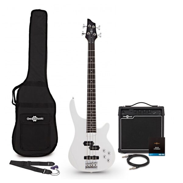 3/4 Chicago Bass Guitar White 15W Bass Amp & Accessory Pack