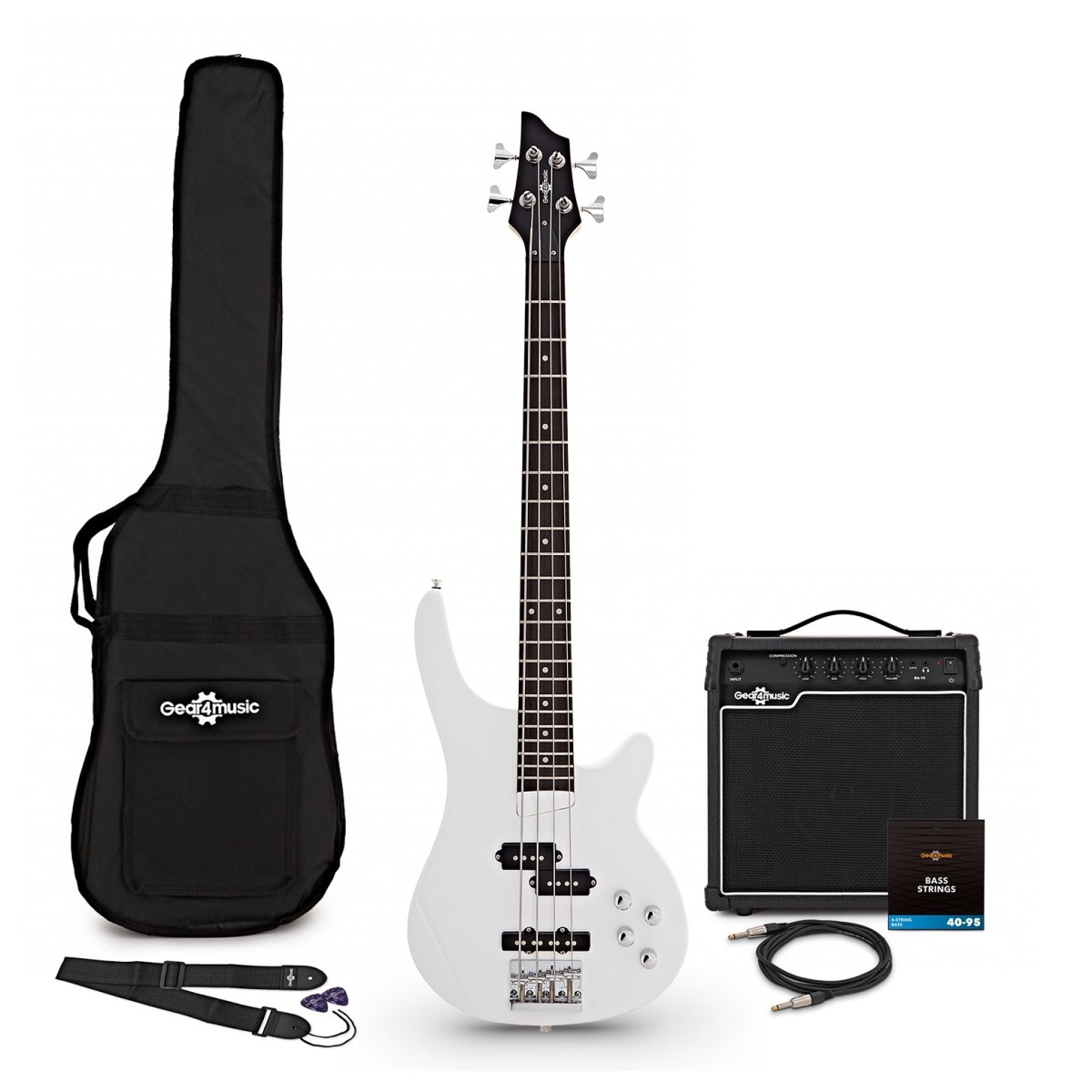 3/4 Chicago Bass Guitar White 15W Bass Amp & Accessory Pack