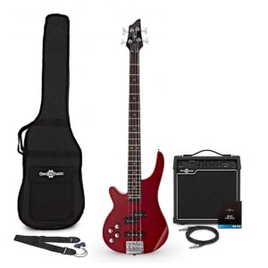 Chicago Left Handed Bass Guitar Trans Red 15W Bass Amp & Accessory Pack