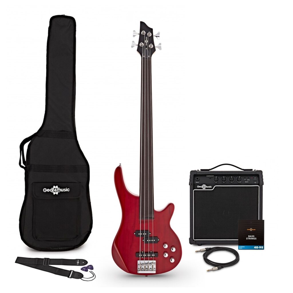 Chicago Fretless Bass Guitar Trans Red 15W Bass Amp & Accessory Pack