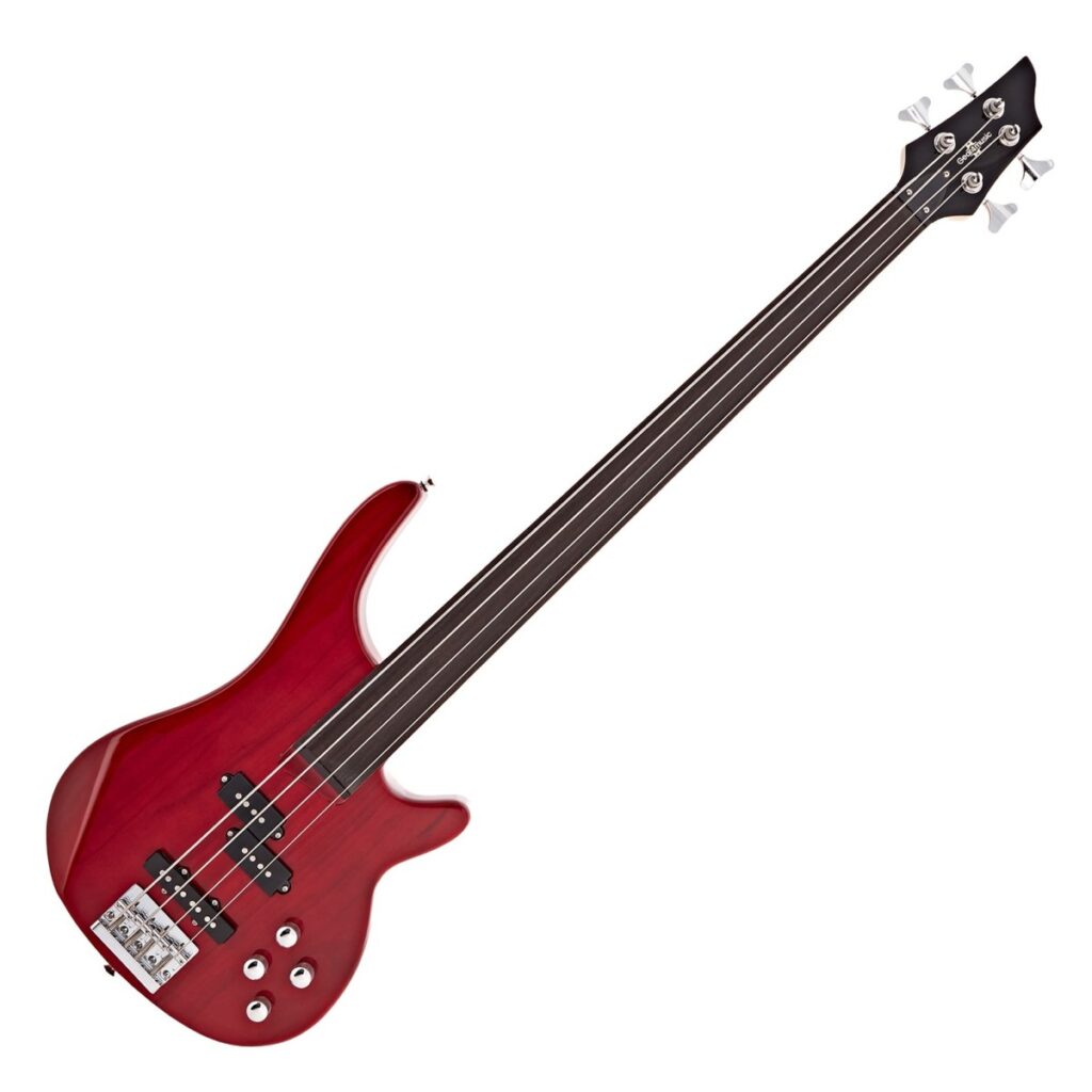 Chicago Fretless Bass Guitar Trans Red 15W Bass Amp & Accessory Pack